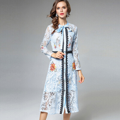 

Lace Embroidery Waist Long Sleeves Dress