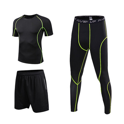 

Men Compression Sports Set 3 Pack with Compression T-shirt Loose Fitting Shorts Tight Leggings Pants For Running Cycling Basketbal