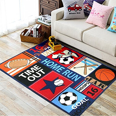 

HUAHOO Blue Kids Rug Fun Sport Rugs Nylon Carpet Boys Girls Childrens Rug Balls Print with Soccer Ball Basketball Football