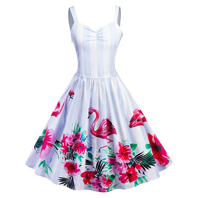 

Vintage Spaghetti Strap Vertical Stripe Bird Floral Print A-line Women Dress