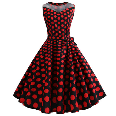 

Hepburn Vintage Series Women Dress Spring And Summer Grenadine Stitching Dot Design Sleeveless Belt Retro Corset Dress