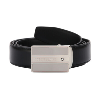 

MONTBLANC Montblanc Mens Silver Grey Button Buckle with Black Leather Belt 118767