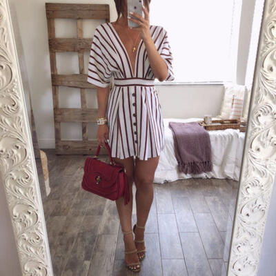 

Womens Short Sleeve Striped Party V-Neck Bodycon Summer Beach T-shirt Dress