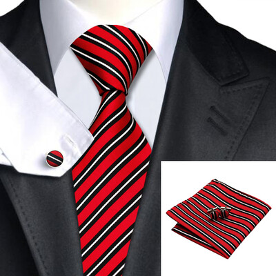 

N-0322 Vogue Men Silk Tie Set Red Stripes Necktie Handkerchief Cufflinks Set Ties For Men Formal Wedding Business wholesale