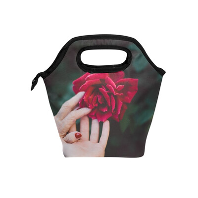 

Insulated Lunch Tote Bag Hand Rose Travel Picnic Lunch Handbags Portable Zipper Lunch Bag Box