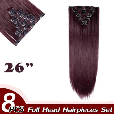 

17" Straight 8 Pcs Full Head Clip in Hair Extensions Synthetic 8 Piece 18 Clips Hairpiece Long Straight for Women