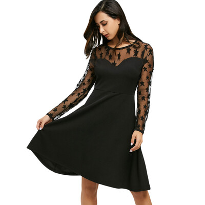 

High Waist Starry Mesh Panel Flare Dress