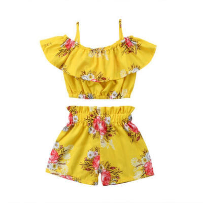 

2pcs Toddler Baby Girl Clothes Floral Ruffled Top Vest Shorts Summer Outfits Set