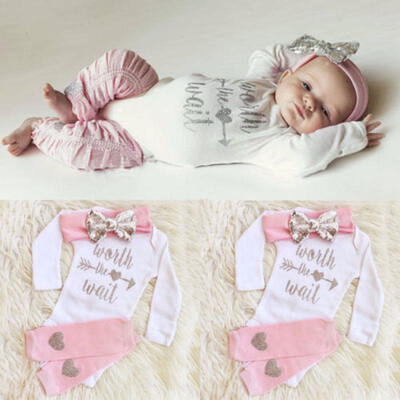 

Newborn Baby Girl Cotton Top Romper Pants Leggings Headband Outfits Clothes Set