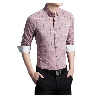 

New 2016 Spring Casual Men Shirt Cotton Linen Mens Dress Shirt Slim Fit Plaid Shirt Long sleeve Plus Size Shirts