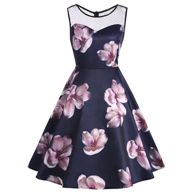

Lace Panel Flower Print Sleeveless Vintage Dress