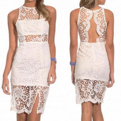 

New Women Sexy Black White Sleeveless Lace Dress Backless Evening Party Dress