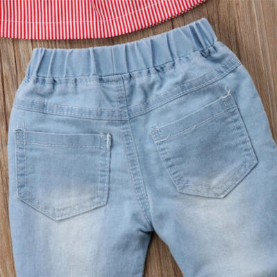 

Newborn Kids Baby Girls Striped Off Shoulder Tops Denim Pants Outfits Clothes
