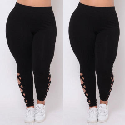 

Plus Size Women Bandage Elastic Leggings Pure Criss-Cross Hollow Out Sport Pants
