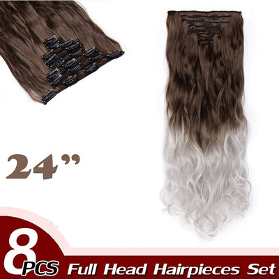 

17" Curly Hair Full Head Clip in Hair Extensions Synthetic 8 Piece 18 Clips Hairpiece Long Wave Trendy Design for Women