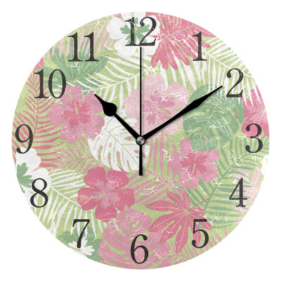 

Wall Clock Arabic Numerals Design Pink Flowers Leaves Round