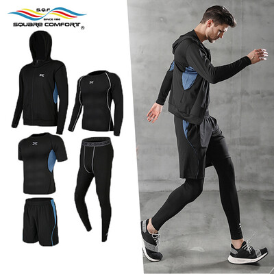 

Star Jiafang workout clothes sports suit mens sportswear tights fitness suit basketball quick-drying running training suit PJ502 five-piece set blue