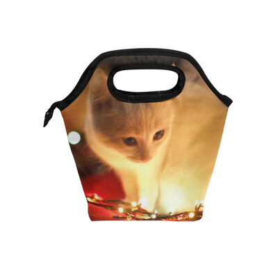 

Lunch Bag White Cat Tote Travel Picnic Insulated Handbags Portable Zipper Lunch Bag Box