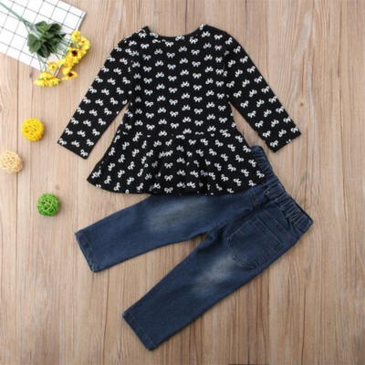 

US Toddler Baby Kid Girl Dress Top T-shirtDenim Ripped Pants Outfit Clothes Set