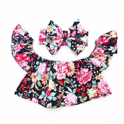 

Princess Kids Baby Girls Floral Off Shoulder TopsHeadband Outfits Set Clothes