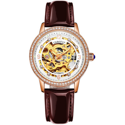 

Fashion Elegant Women Mechanical Wrist Watches Leather Watchband Automatic Clock Crystal Decoration Skeleton Dial