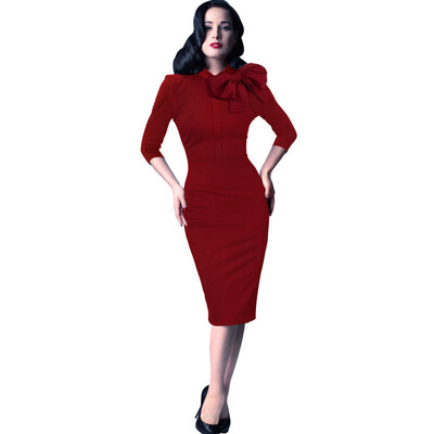 

Autumn Elegant Women Butterfly Bow O Neck 34 Sleeve Formal Work Bodycon Office Sheath Shift Pencil Dress