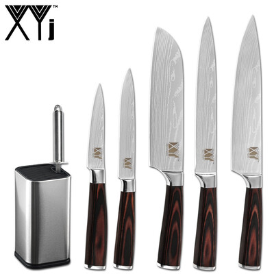 

XYj Kitchen Stainless Steel Knives Set 8 Knife Holder Sharpener Bar Damascus Pattern Chef Knives