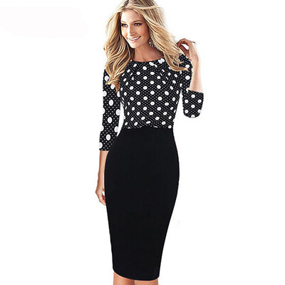 

New Style Autumn Print Patchwork Women 34 Sleeve Vintage Pinup Casual Work Office Party Bodycon Sheath Dress