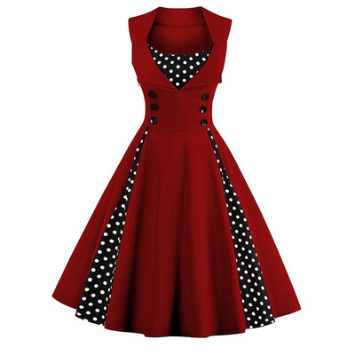 

Summer Casual Polka Dot Print Patchwork Midi Vintage Retro Party Dress