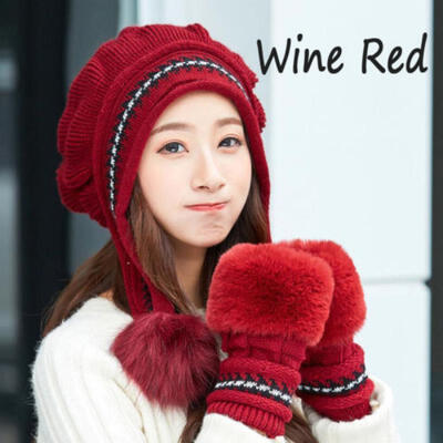 

Women Winter Warm Knitted Pom Pom Ball Beanie Hat&Half-Finger Gloves Set New