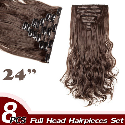 

17" Curly Hair Full Head Clip in Hair Extensions Synthetic 8 Piece 18 Clips Hairpiece Long Wave Trendy Design for Women