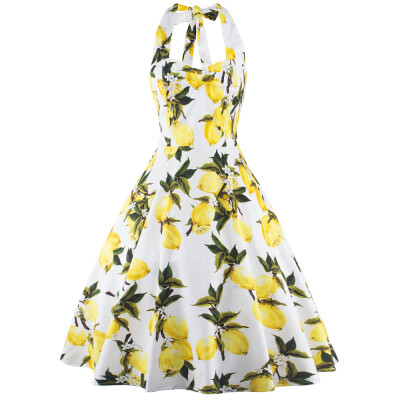 

Tea Length Halter Neck Lemon Print Vintage Dress