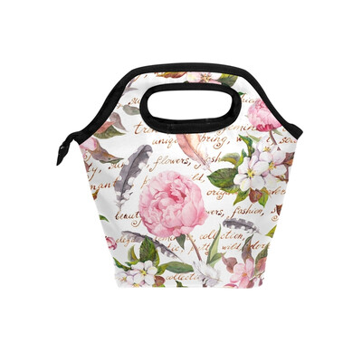 

Feather Flower Lunch Bag Tote Travel Picnic Insulated Handbags Portable Zipper Lunch Bag Box