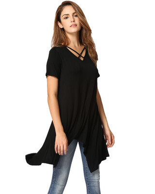 

Sexy Women Asymmetric T-Shirt Criss Cross V Neck Short Sleeve Blouse Solid Loose Casual Tunic Top BlackGreyArmy Green