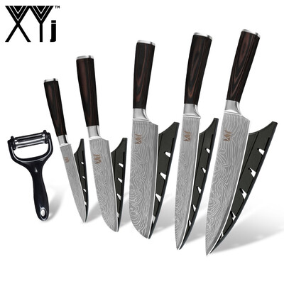 

XYj Kitchen Cooking Knife Set Damascus Pattern Blade Color Wood Handle Knife Meat Fish Sushi Kitchen Accessories Tools