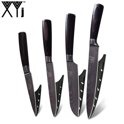 

XYj 4 Pcs Set 7Cr17 Stainless Steel Kitchen Knife Beauty Pattern Blade Best Cooking Knife