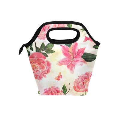 

Red Flower Lunch Bag Tote Travel Picnic Insulated Handbags Portable Zipper Lunch Bag Box