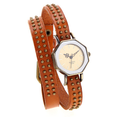 

Elegant Design Women Lady Quartz Wrist Watch Vintage Rivets Octagon Bronze Wrap Strap Bracelet