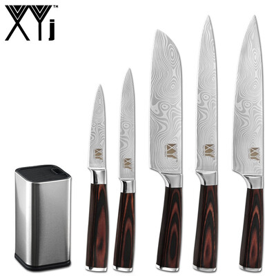 

XYj Stainless Steel 6PCS Kitchen Knives Set 8 Knife Stand Damascus Pattern Blade Chef Knives