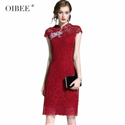 

OIBEE2018 summer womens new fashion slim slimming black dress lace skirt sleeveless cheongsam dress