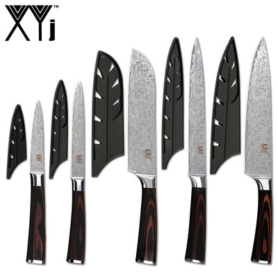 

XYj 5pcs Stainless Steel Knives Set Free Covers Color Wood Handle Chef Slicing Santoku Utility Paring Knife