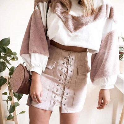 

Fashion Women High Waist Lace Up Suede Leather Pocket Preppy Short Mini Skirt