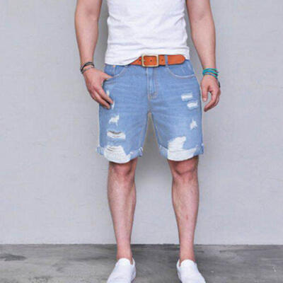 

Men Stretchy Ripped Shorts Skinny Biker Jeans Destroyed Jeans Short Denim Pant A