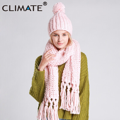 

CLIMATE Women Winter Scarf And Hat Set Winter Girls Lady Warm Knit Pompom Beanie Bonnet Hat Scarf Set Hat And Scarf Winter Set