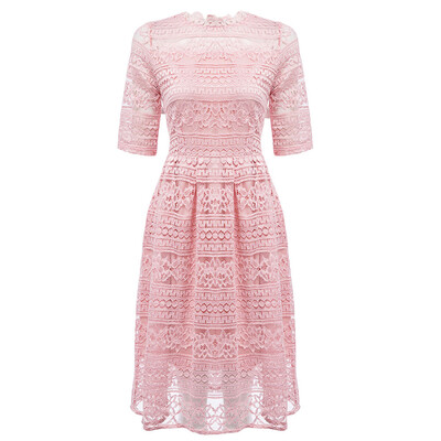 

Elegant Round Collar Lace Embroidery Hollow Out Slim Women Dress