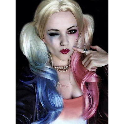 

Harley Quinn Wig for Cosplay Synthetic Hair Curly Pink Blue Costume Full WigCap