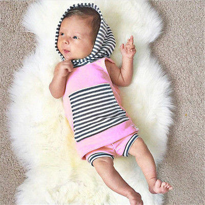 

Newborn Baby Girls Tops Hooded Vest Pants Shorts Outfits Striped Cotton Clothes