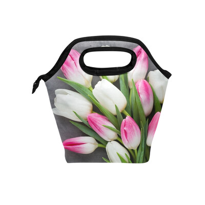 

Lunch Bag Pink Tulip Tote Travel Picnic Insulated Handbags Portable Zipper Lunch Bag Box