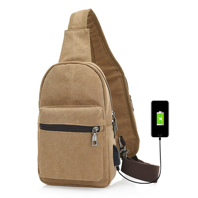 

Canvas Sling Backpack with USB Charging Port&Headphone Holes Casual Chest Travel Bag Shoulder Pack