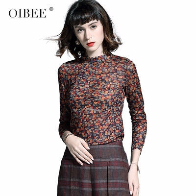 

OIBEE2018 autumn&winter womens new half-high collar long-sleeved Slim T-shirt fashion floral autumn small shirt long sleeve